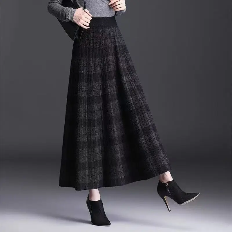 Fashion Women Clothing Thicken Long Plaid Knitted Folds Skirt Autumn Winter Korean New Casual High Waist A-line Big Hem Skirts