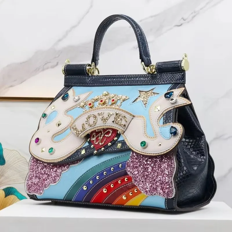 Women Bags Leather Patchwork Embroidery Purse Crossbody Messenger Bag Girl Shoulder Bags Female Bag  Handmade Art Clouds Rainbow