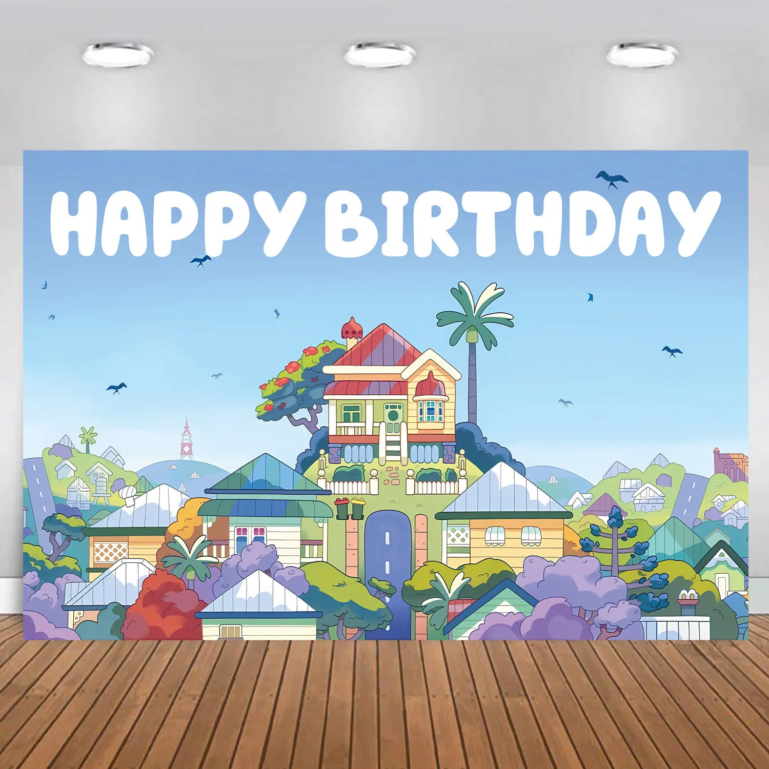 Blue Dog Theme Backdrop Cartoon Sky Building Background Banner for Boy Girls Birthday