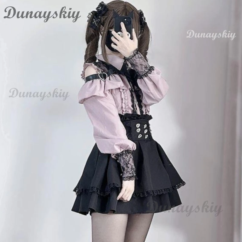 Jirai Kei Lolita Outfit Girls Long Sleeve Bow Shirt Skirt Set Womens Kawaii Y2K Japanese Aesthetic Casual Wear view 3