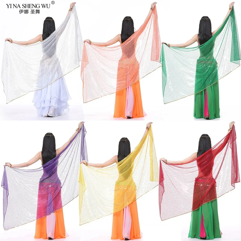 Bufanda para danza del vientre, chal con lentejuelas brillantes, velos de medio círculo puesta en escena, velo profesional de gasa para danza del vientre para mujer, 210x95cm