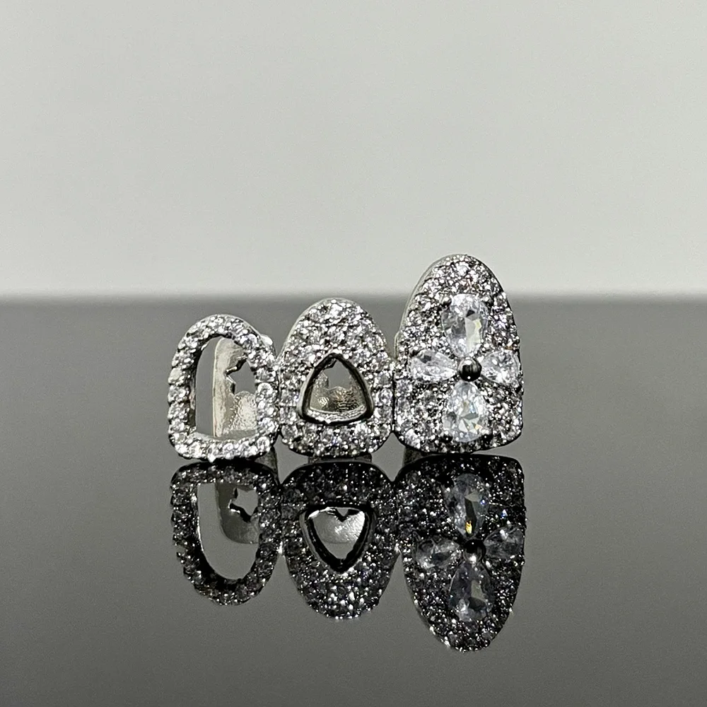 RACHELZ Vintage Drei Hohl Volle CZ Stein Zähne Kappen Für Frauen Männer Mode Blume Zirkon Charme Zahn Grills Schmuck Cosplay