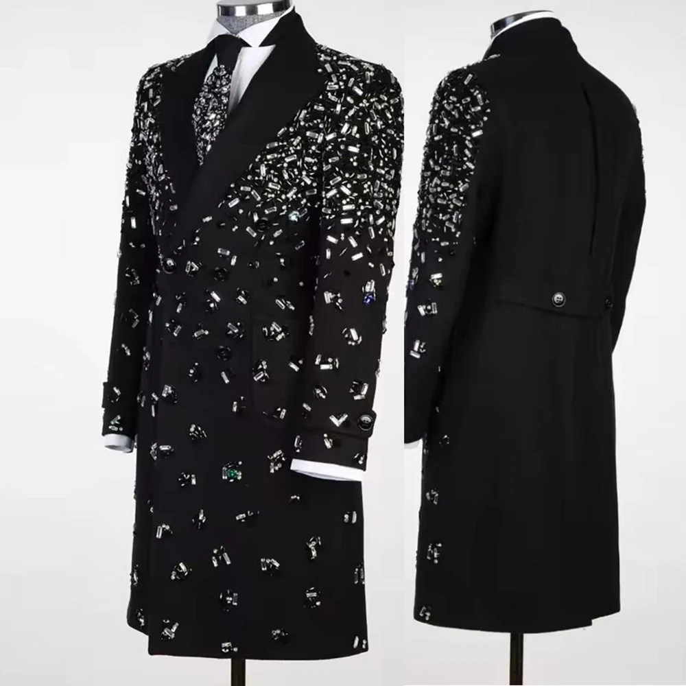 

Male Fashion Beaded Stones Suit Jackets 1 Piece Double Breasted Trench Coat Long Men Outfts Groom Wedding Tuxedos Customized