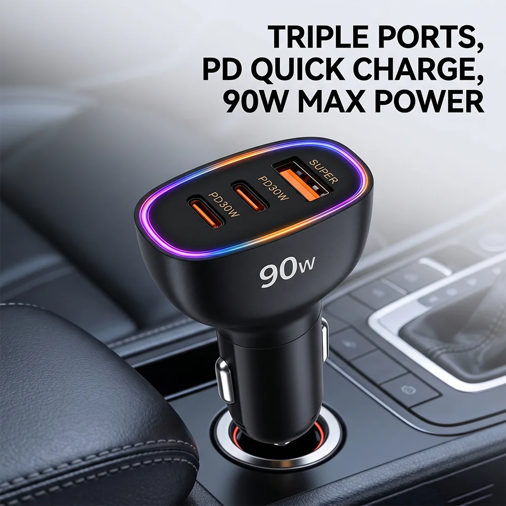 90W Multiport Car Charger Adapter Dual Type C PD 30W & Single USB A Port with LED Indicator Safe Charging For 12-24V Cars