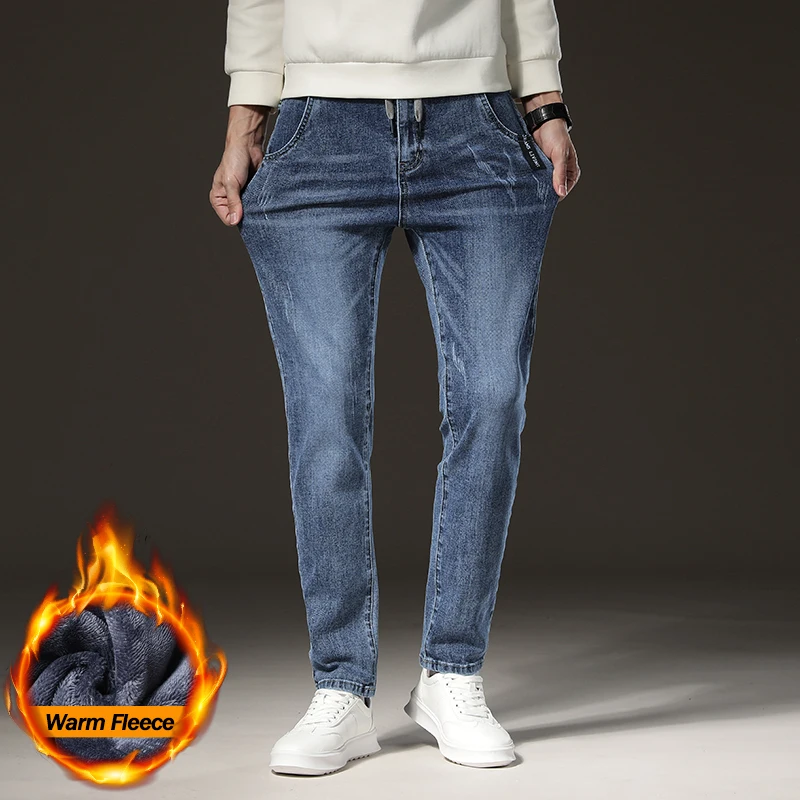 الشتاء الدافئ الجينز الرجال الصوف الضوء الأزرق سليم مستقيم الدينيم السراويل عالية الجودة رشاقته المخملية مرونة الراحة بناطيل كاجوال #2