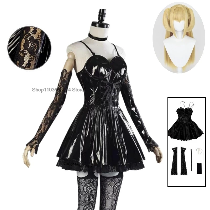 Misa Amane Cosplay Costume Wig Imitation Leather Sexy Dress Necklace Lace Sleeves Stockings Women Uniforms Anime Outfits