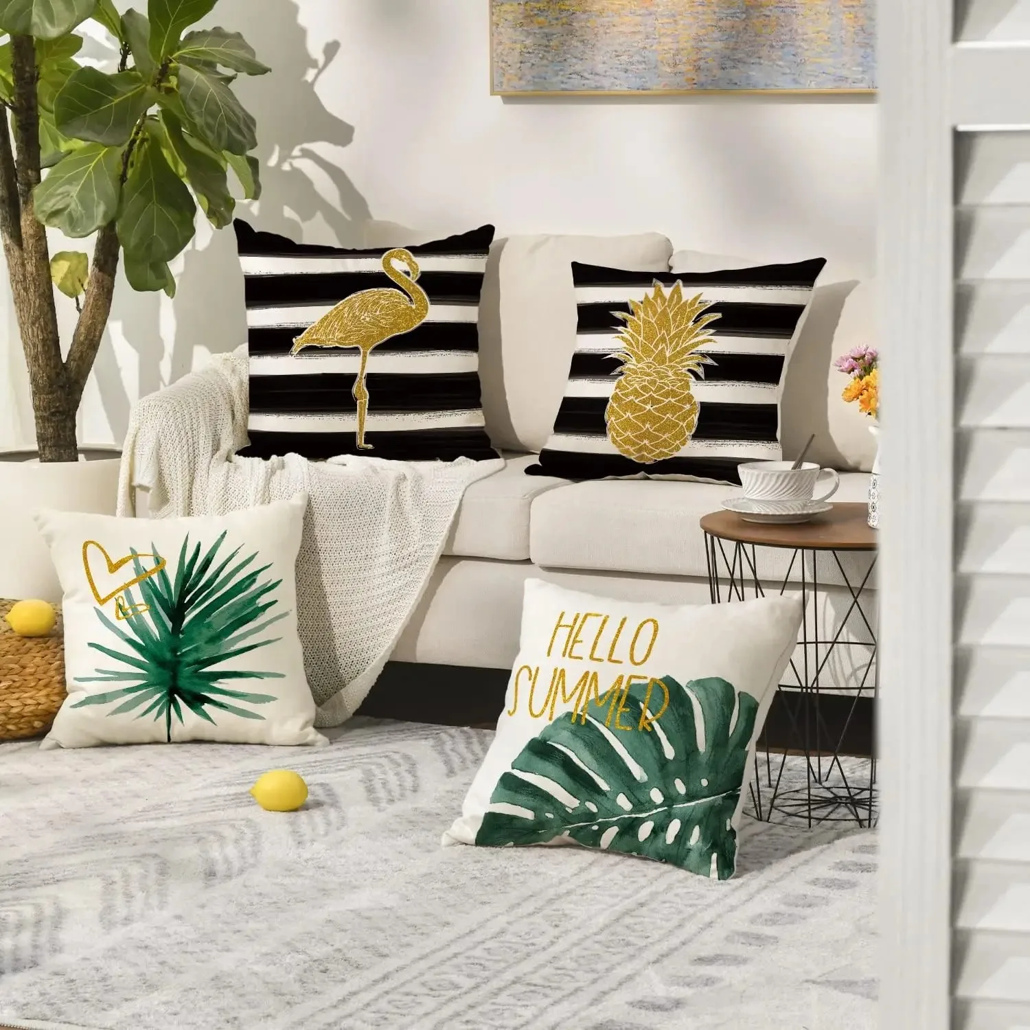 Watercolor Stripes Tropical Plants Throw Pillow Cover, Pineapple Flamingo Monstera Cushion Case for Sofa Couch Set of 4