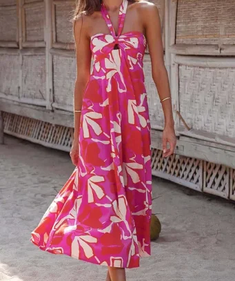 

2024 Women's Summer Dress Hanging Neck Sleeveless Beach Dress Printed A-line Bohemian Slip Dress Women's Long Dresses