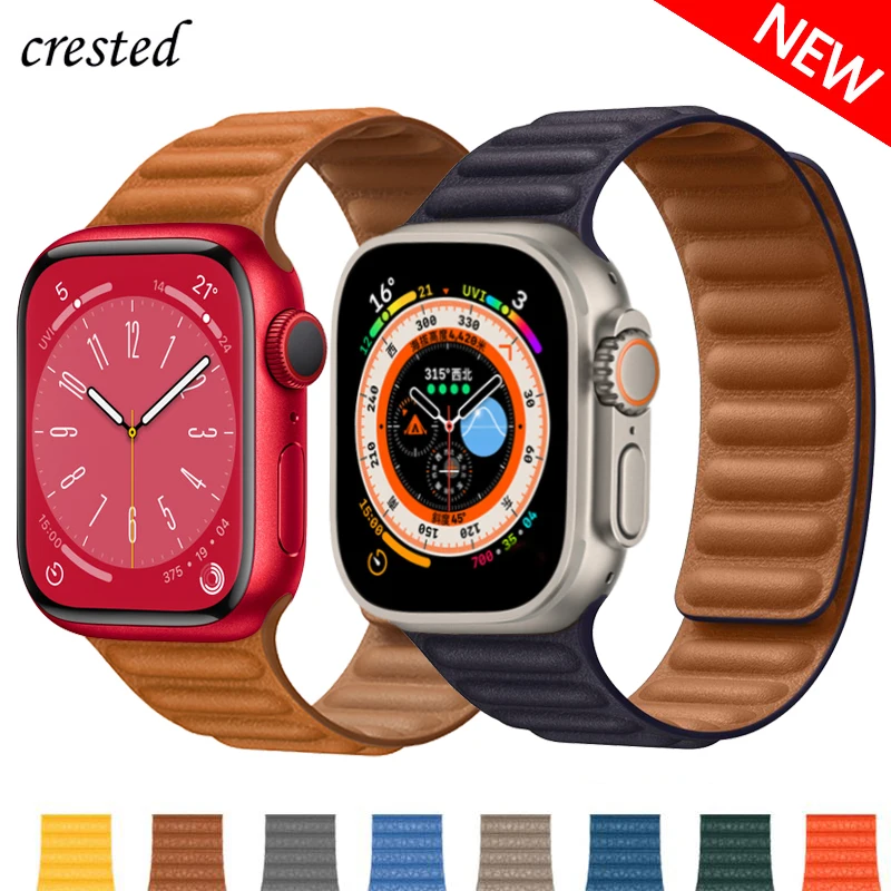 Leather Link For Apple Watch Band 44mm 40mm 45mm 49mm 41mm Original Magnetic Loop bracelet iWatch Series 8 3 SE 6 7 Ultra Strap