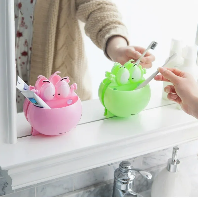 Frogs Cute Cartoon Home Bathroom Toothbrush Holder Wall Mount Suction Cup Toothpaste Storage Rack Toothbrush Rack Children &e