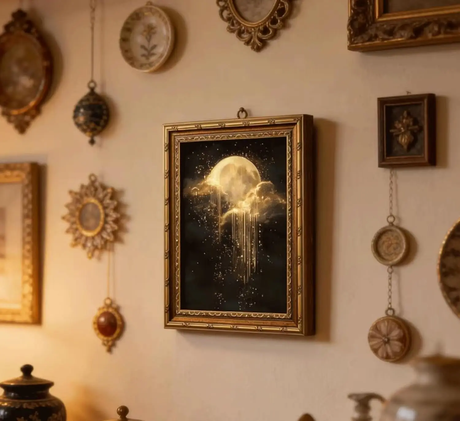 Antique Framed Celestial Canvas Wall Art Golden Moon Starry Sky Canvas Painting Retro Dark Home Bedroom Wall Decoration - view 2