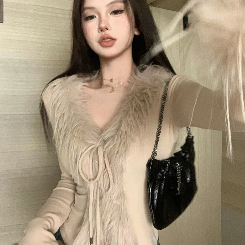 Korean Hot Girl Furry V-neck Long Sleeve Irregular Slim Short Sweater Cardigan