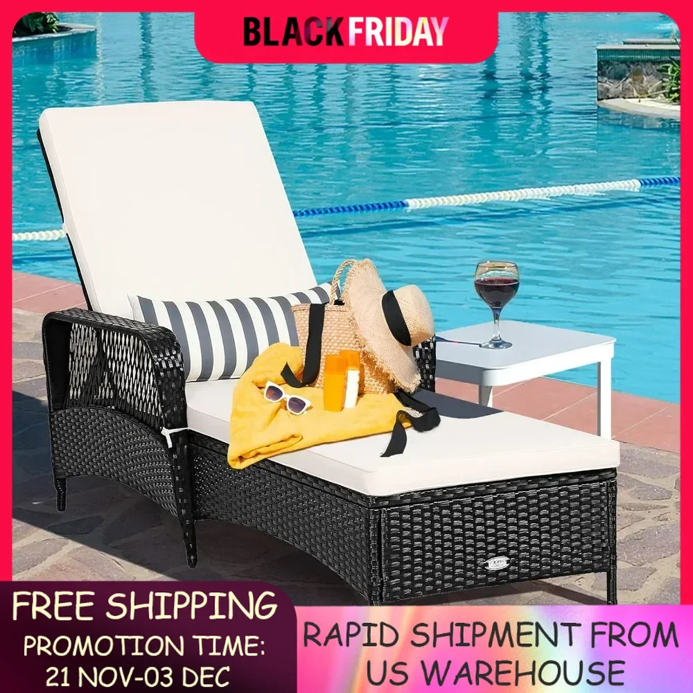 Patio Wicker Chaise Lounge Chair,  w/ 6-Gear Adjustable Backrest, Thick Padded Cushion & Removable Lumbar Pillow