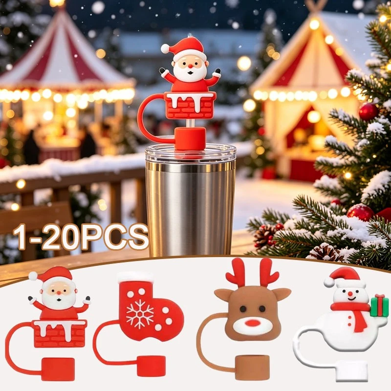 1-20PCS 10mm Silicone Straw Covers Christmas Caps Dustproof Sleeves for Glass Straws Reusable Cup Drinking Straw Holiday Decor