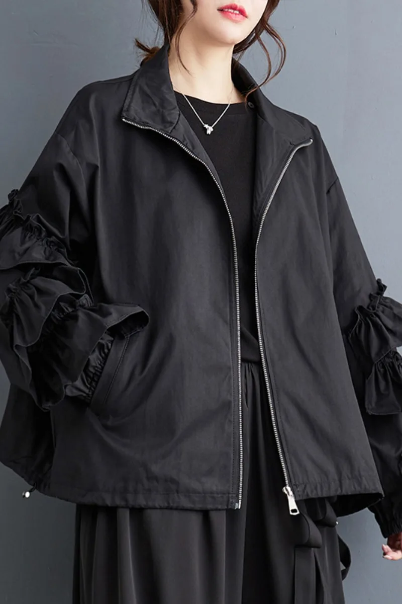 2023 Autumn and Winter New Short Jacket Women Solid Color Wild Fashion Long Sleeve Zipper Black Jacket Women