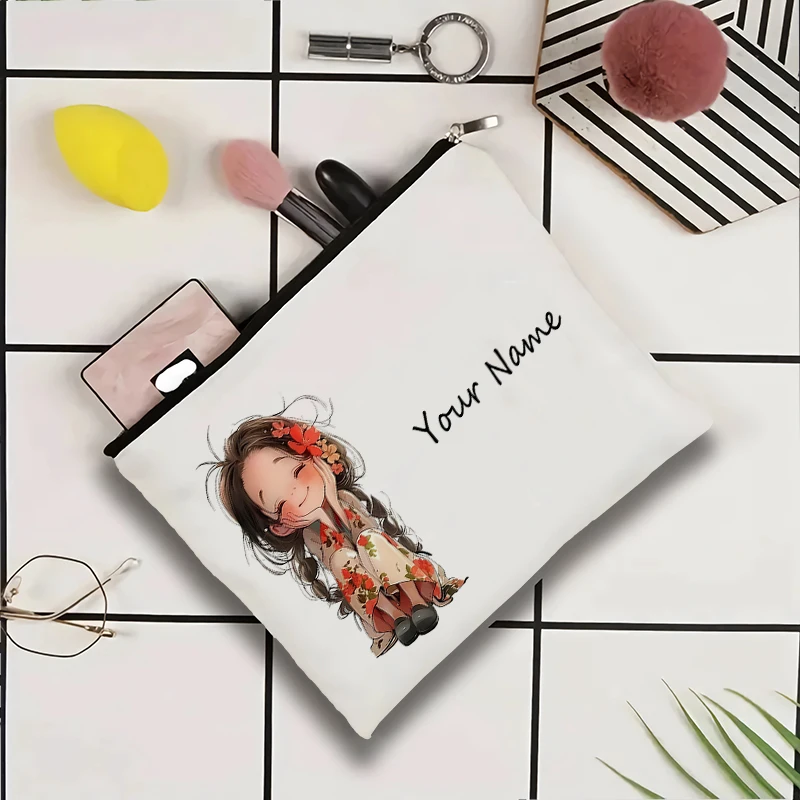 Personalized Name Canvas Wash Bag,Cartoon Girl Print Makeup Purse,Custom Travel Cosmetic Pouch,Festival Gift for Girls Women