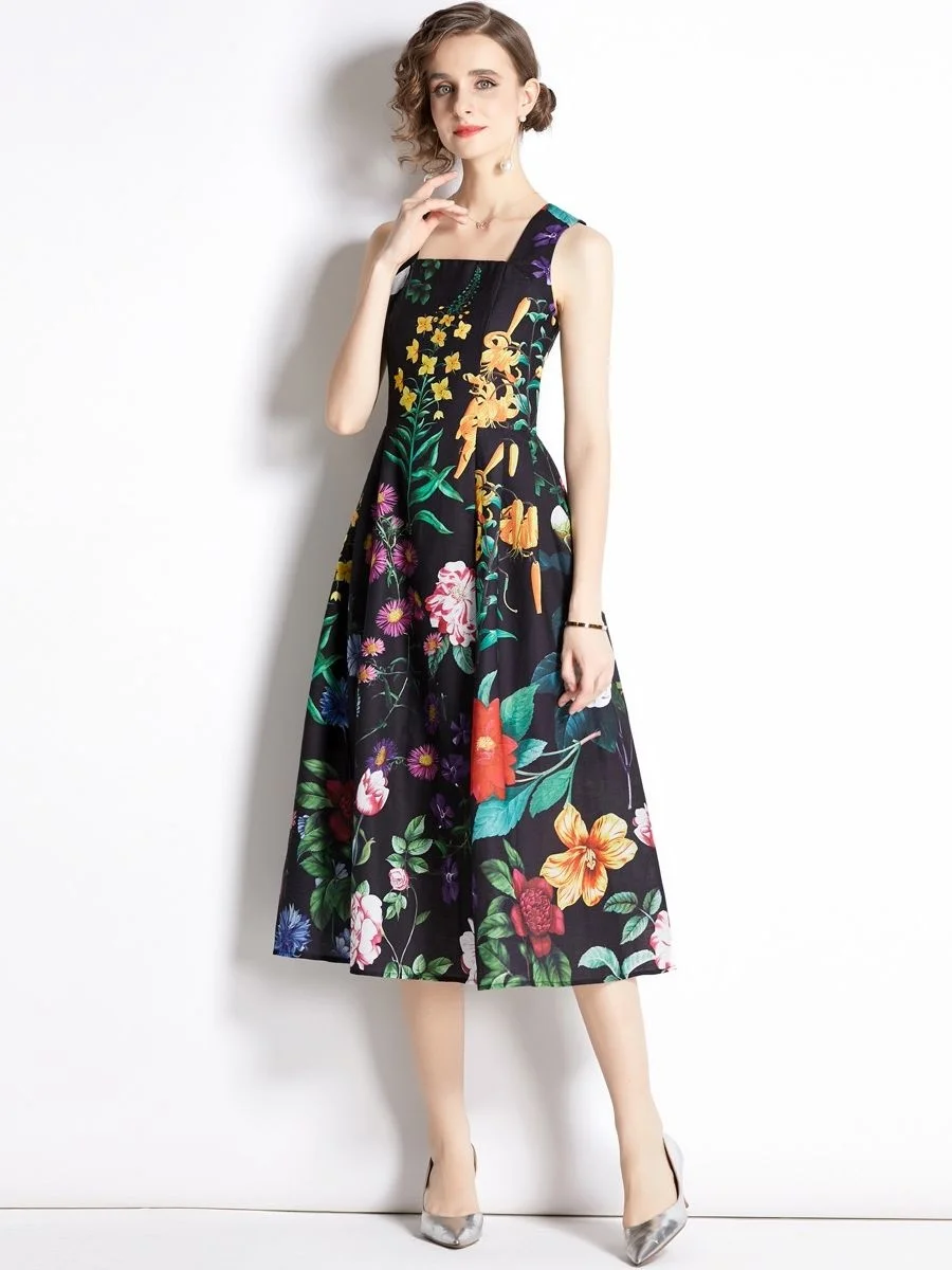 Holiday Flower Summer Tank Dress Women\'s Spaghetti Strap Backless Lace Up Floral Leaves Print Beach Vacation Midi Vestidos