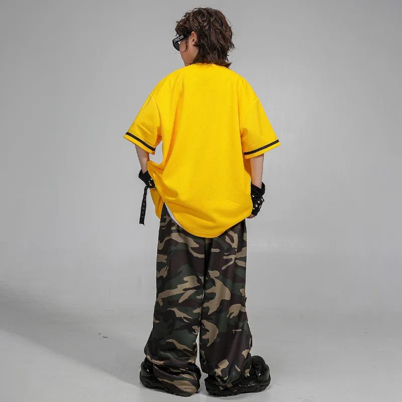 Jungen Street Dancewear Hip Hop Dance Wettbewerb Kostüme Gelbes Baseballshirt Camo Hosen Anzug Gruppe Jazz Kleidung Bühnenkleidung
