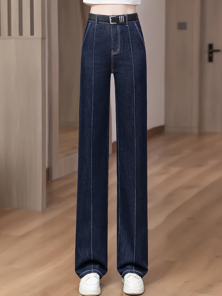 

Джинсы с высокой талией и прямыми штанинами для женщин, весенне-осенние, свободного кроя, утягивающие, с широкими штанинами, в корейском стиле, для повседневной носки, модные