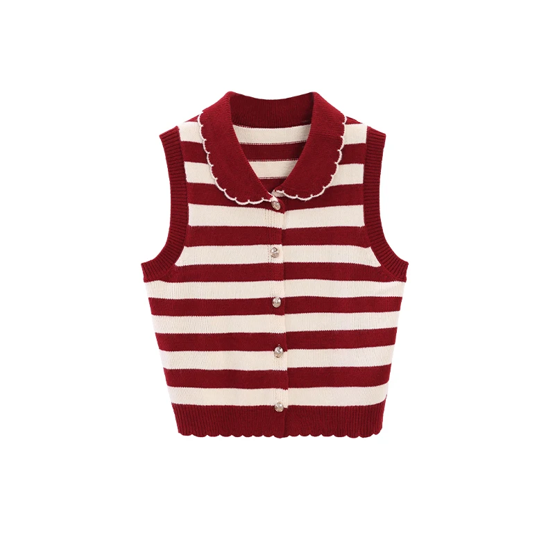 

ALXNAN Vintage Red Striped Knitted Tank Tops Women Autumn Sleeveless Sweater Casual Elegant Lapel Metal Button Knit Top L57216BX