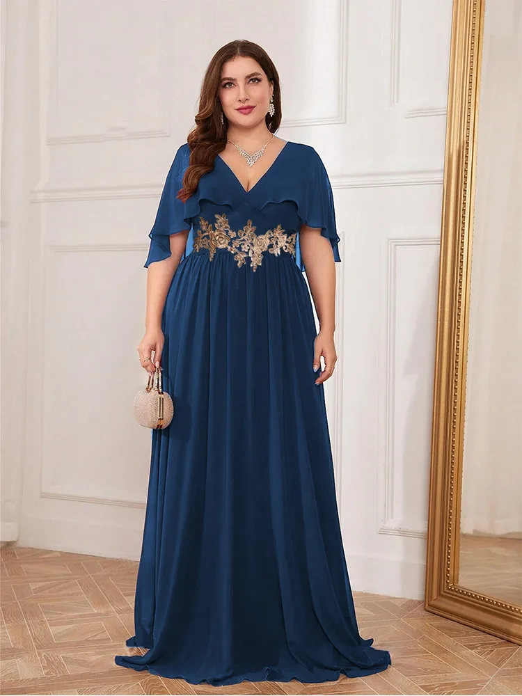 Plus Size V-Neck 4xl 5xl Luxury Chiffon Short-Sleeved Bridesmaid Wedding Evening Dress Big Size Multi-Color Chiffon Prom Gown