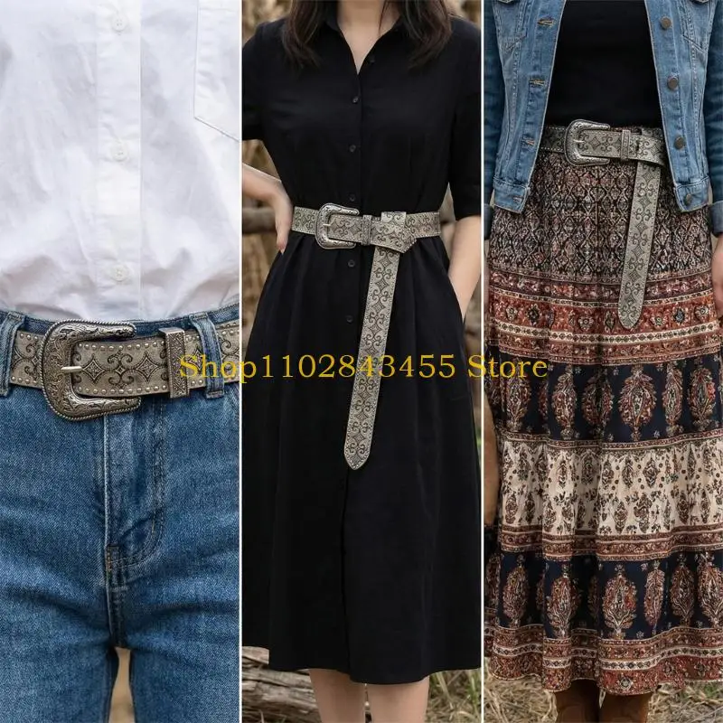 49MC Fashionable Belt For Men And Women Feature Retro Western Pattern Rivets