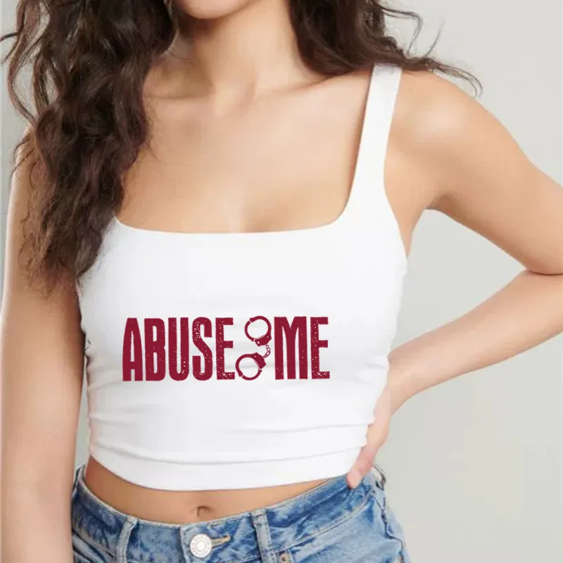 ABUSE ME Letters Womens Camis Girls Sexy Slim Tops Female Cute Clothes Sleeveless Double Nylon Ladies Good Quality Tops Tees