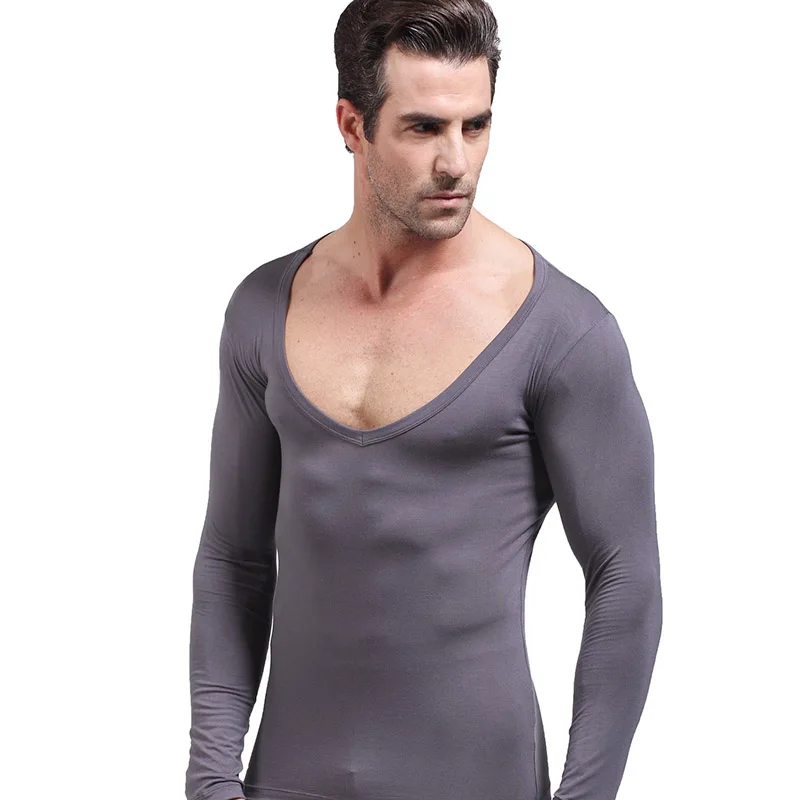 Calzoncillos largos térmicos modal con cuello bajo y cuello en V para hombre, capa base de una sola pieza, suéter de algodón, top fino