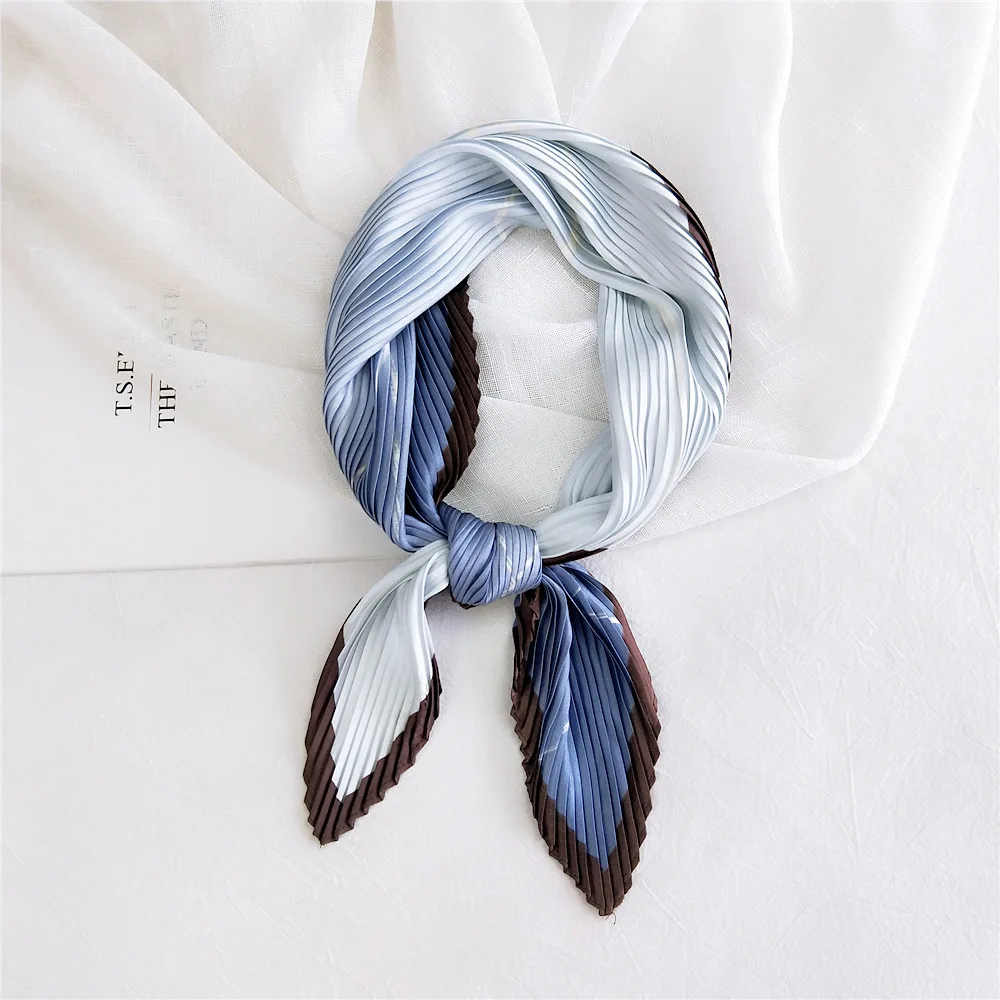 Classy Chic Fashion Color Matching Pleated Square Silk Scarf For Women Spring Ladies Scarves Kerchief Girl Neck Cover Bag Ribbon