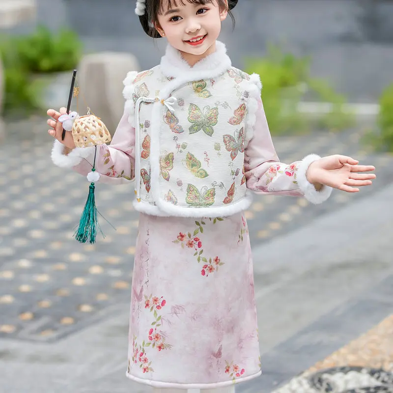 Inverno Autunno Ragazze Qipao Modello di Fiore In Pile Colletto Alla Coreana Cheongsam Festival Abbigliamento Antico Stile Principessa Cinese Look