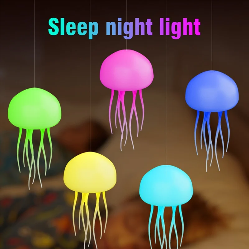 A02M-Cute Rotating Jellyfish LED Nihgt Night Light Hanging Bedside Lamp Gradient Voice Control RGB Table Lamps Room Decor