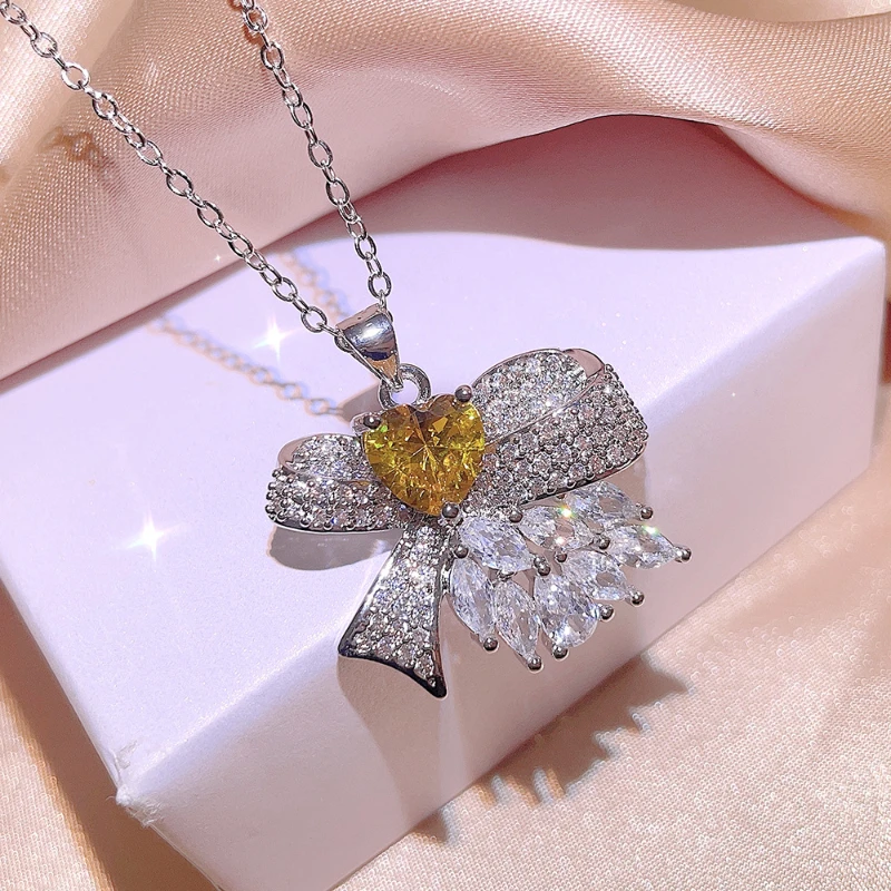 Luxury Women\'s Jewelry Set Yellow Heart Zircon Bow Necklace 925 Sterling Silver Ring Fashion High Class Banquet Party Jewelry