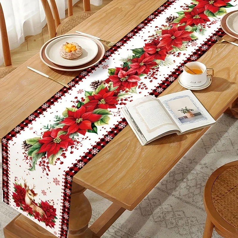 Christmas Poinsettia Flower Elk Linen Table Runner for Table Decor Winter Xmas Snowflake Table Runner Christmas Home Decorations