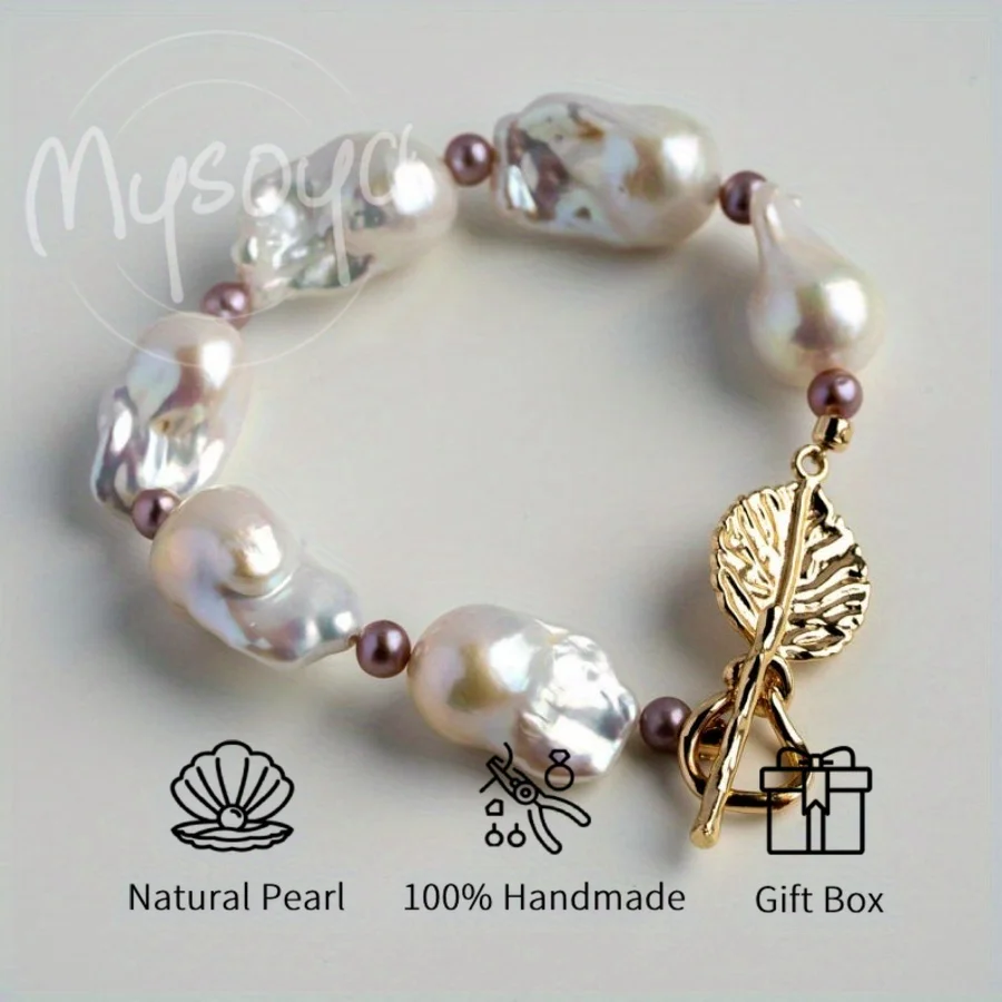

MYSOYA Large White Baroque Freshwater Pearl Mixed Color Bracelet 11-14mm with Gift Box Birthday Gift Wedding Jewelry