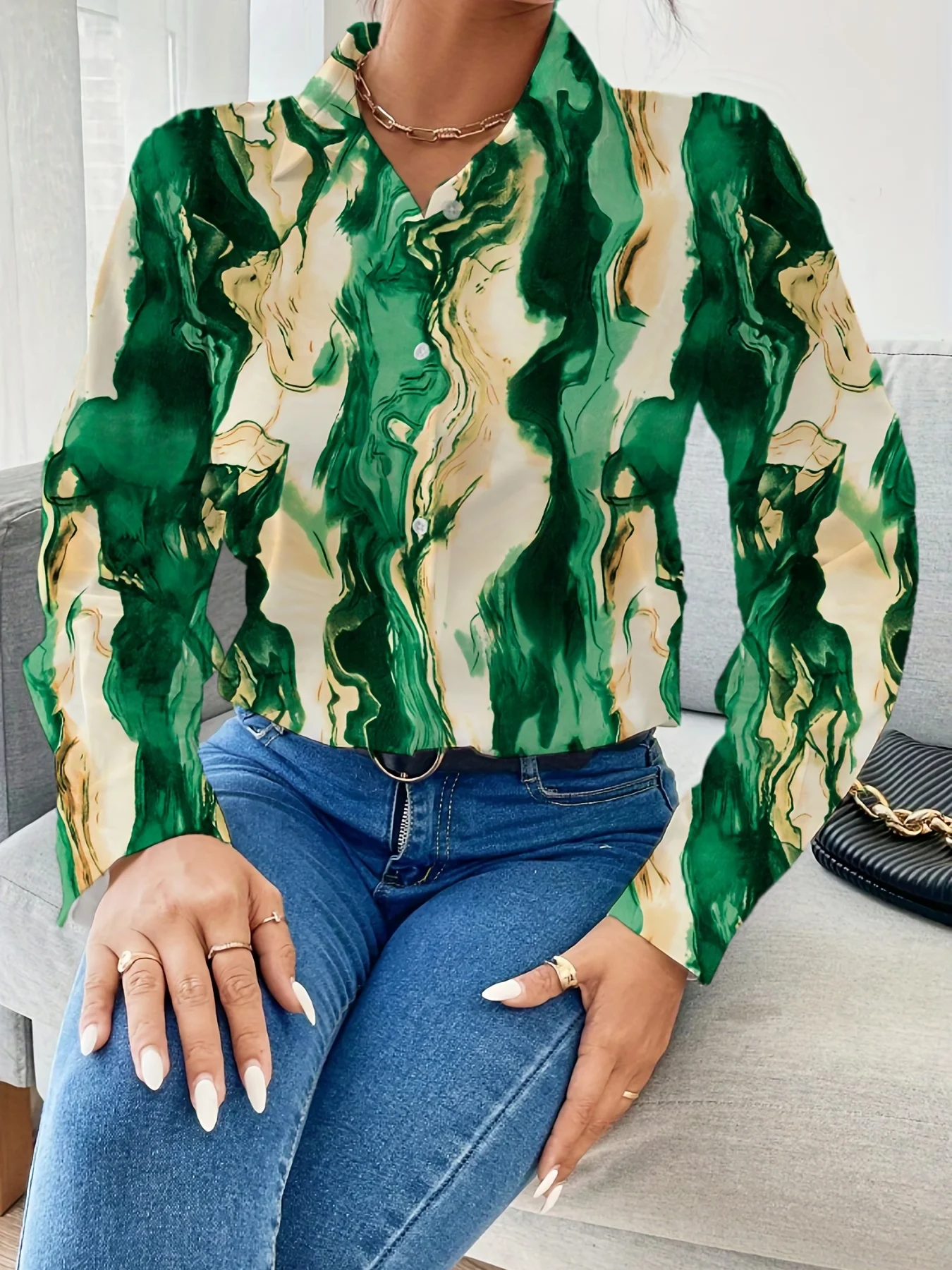 Nueva llegada elegante pintura al óleo impresión camisa de mujer Top-Blusa de moda