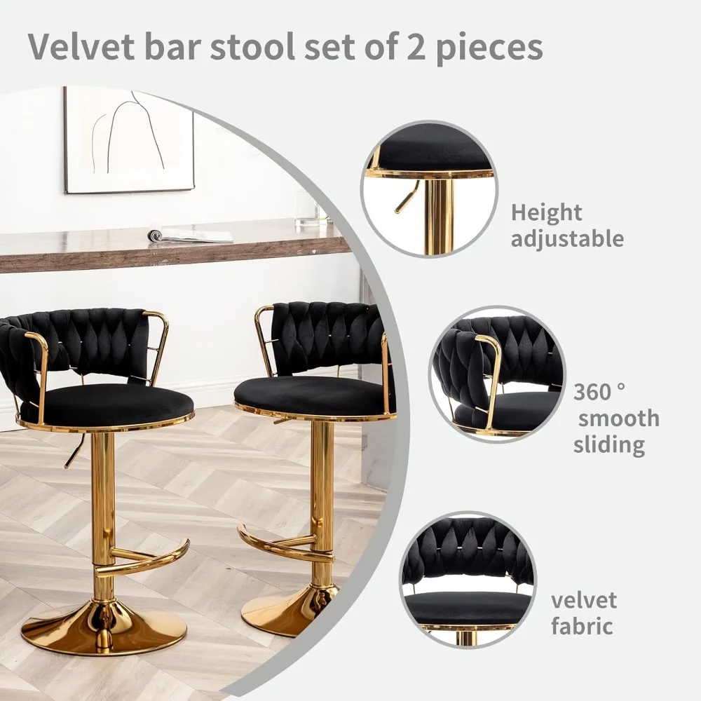 Counter Height Bar Stools with Low Back, Velvet Adjustable Height Barstools, 360° Swivel Bar Stools for Kitchen Island
