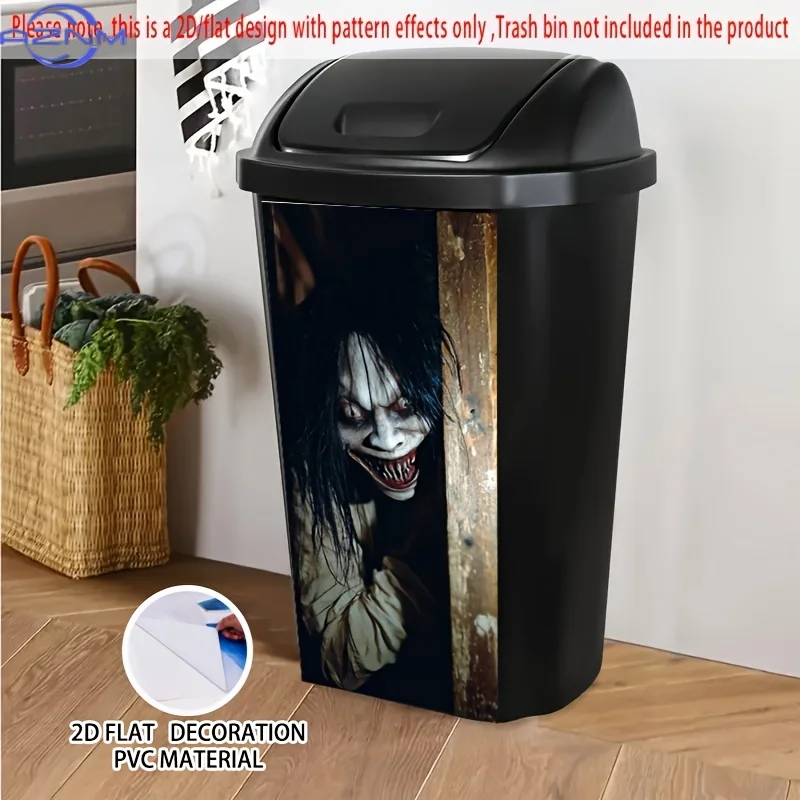 Creepy Figure Peeking Self-Adhesive Dustbin Stickers, PVC Trash Can Decorative Stickers, Wheelie Bin Stickers,  for Horror Exh