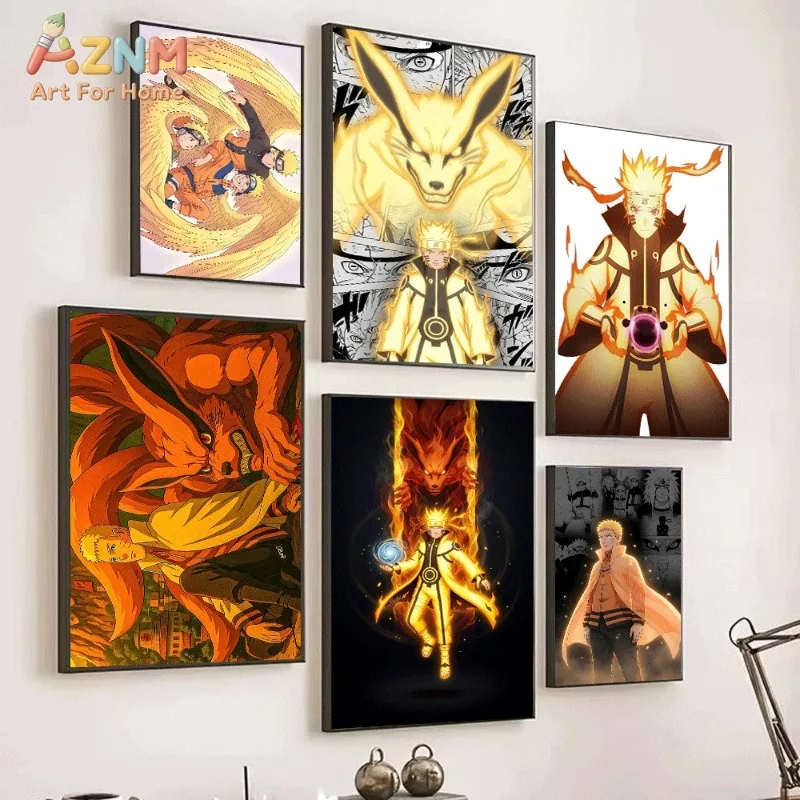 Naruto Canvas Wall Art Naruto Kurama Golden Mode Anime Print Collage With Classic Ninja Characters For Teen Boys Bedroo Unframed