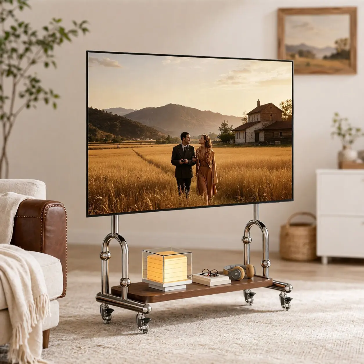 Stainless steel TV mobile bracket floor-to-ceiling small apartment storage art TV cabinet with wheel hanger 75/85 inch
