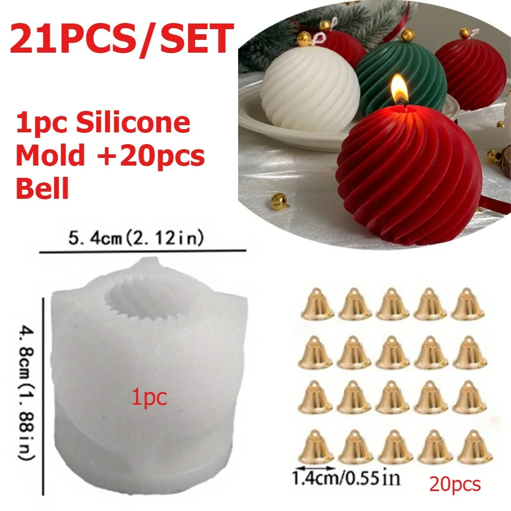 21pcs Christmas Candle Making Kit Striped Ball Candle Silicone Mold 3D Sphere with Bell Plaster Resin DIY Party Home Decor Gift