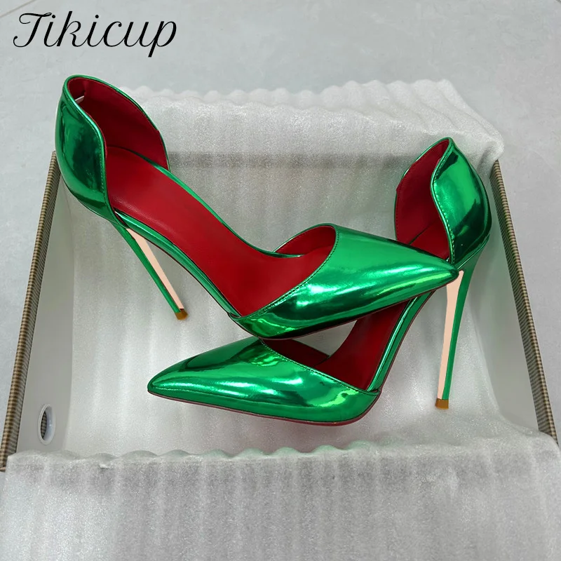 Elegant Classic Women's Green Metallic Pointed Toe Stiletto High Heels,Red Lining Cut-Out Side Dress Pumps for Party Wedding