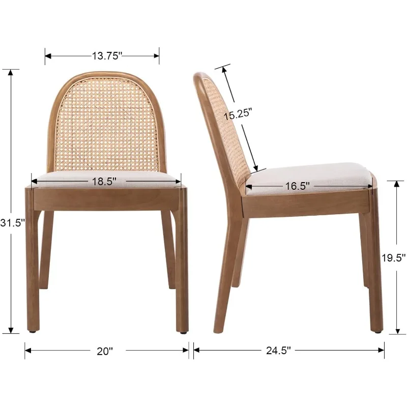 Dining Chairs Set of 2, Upholstered Linen Dining Room Chairs with Rattan Backrest and Wood Legs, Armless Kitchen Chairs, Beige