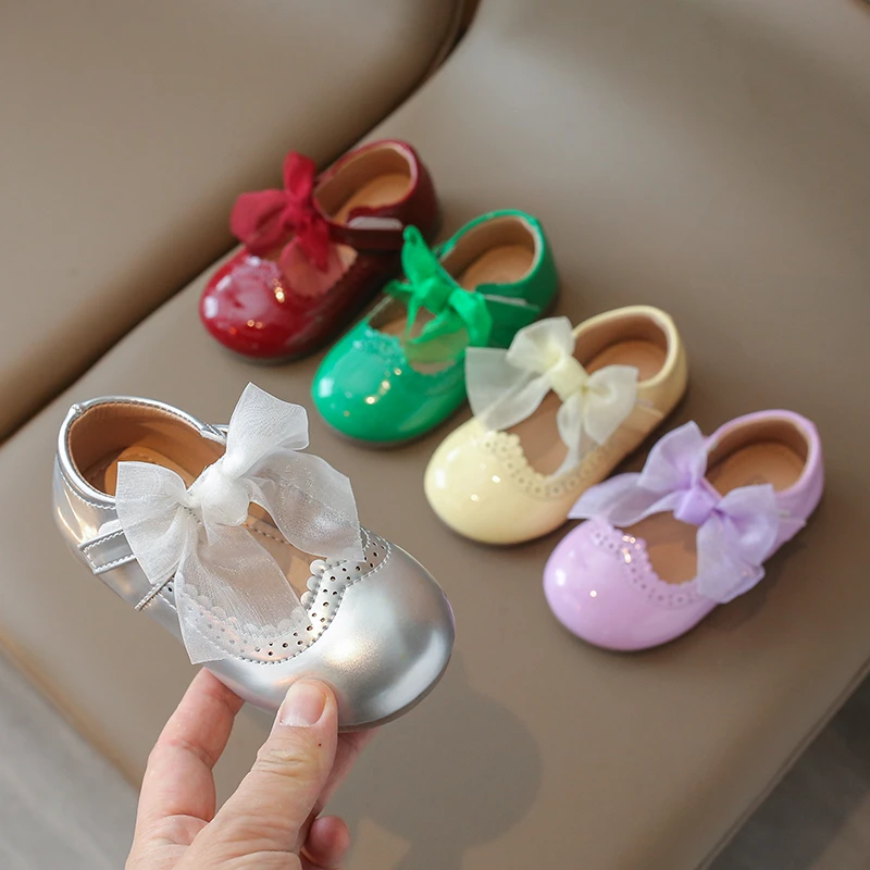 Toddlers Girls Shoes Children's Flats PU Patent Leather Kids Dress Shoes Soft Cute Princess Sweet With Butterfly-knot Bowtie New