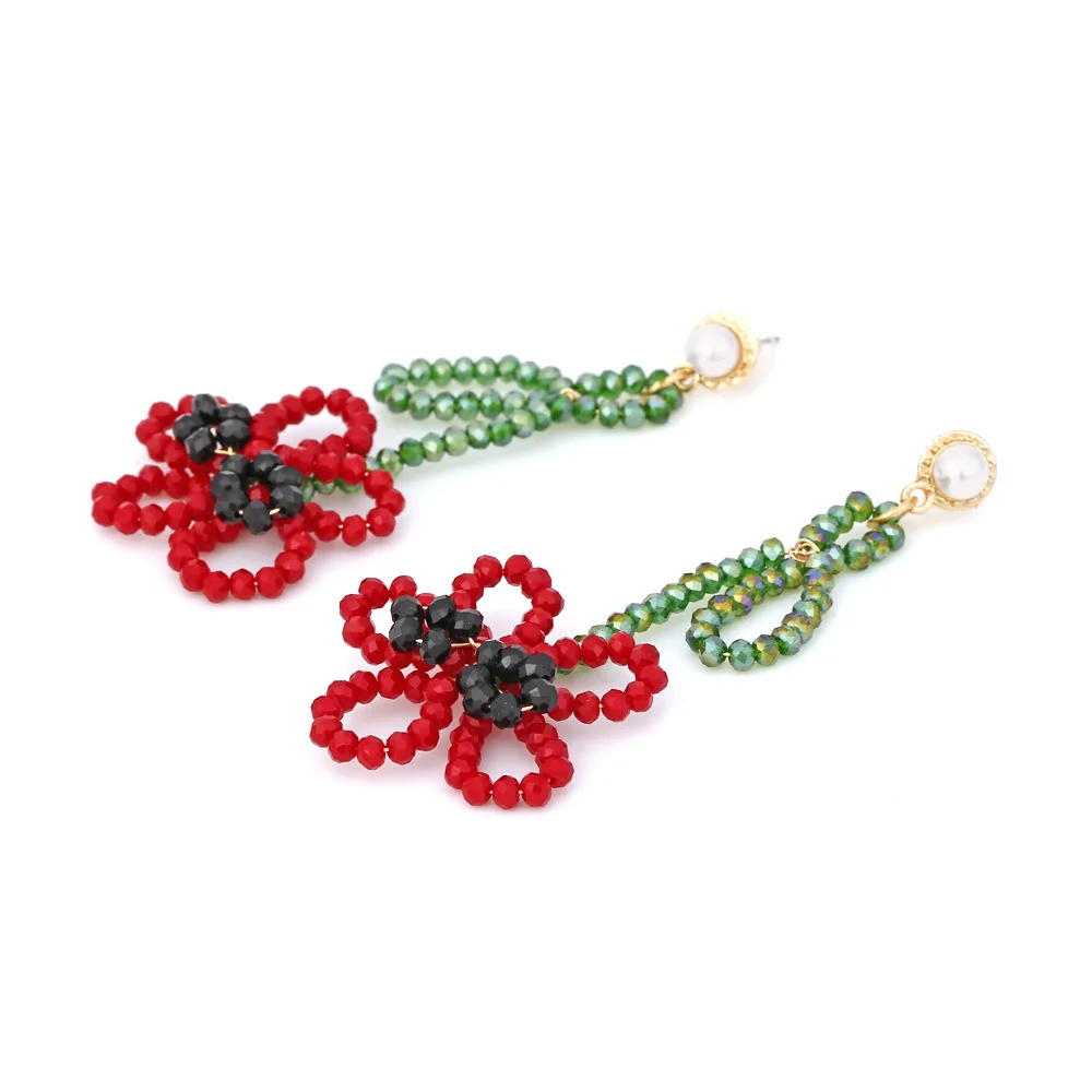 Stained glass crystal beaded flower earrings exaggerated hand-woven long floral earrings earrings women