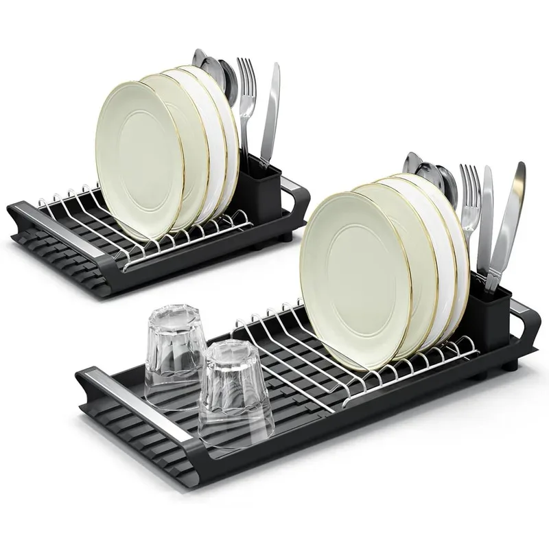 Expandable Small Dish Drying Rack for Kitchen Counter, Dish Drainer with Removable Cutlery Holder, Space-Saving Compact Design