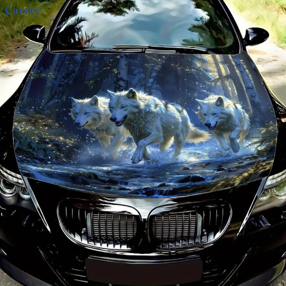 

White Wolves Running by Stream Car Vinyl Wrap, PVC Waterproof Car Hood Sticker, Self-Adhesive Scratch-Resistant Stickers for Eng