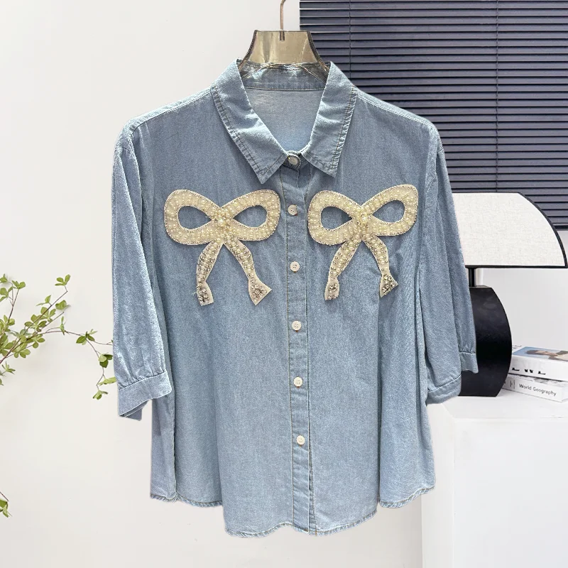 

2025, новинка, лето, европейский, одежда, блузка, женский, шикарный, пуговицы, трехмерный, бант, бисер, сексуальный, свободный, джинсовая куртка, топы, 55060