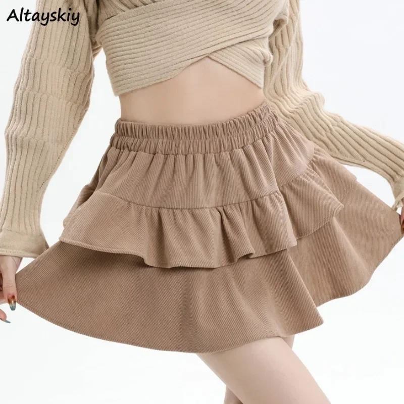 

Corduroy Cake Skirts Women Solid High Waist Ruffles Street Wear A-line Hot Sweet Korean All-match Preppy Harajuku Ulzzang Chic