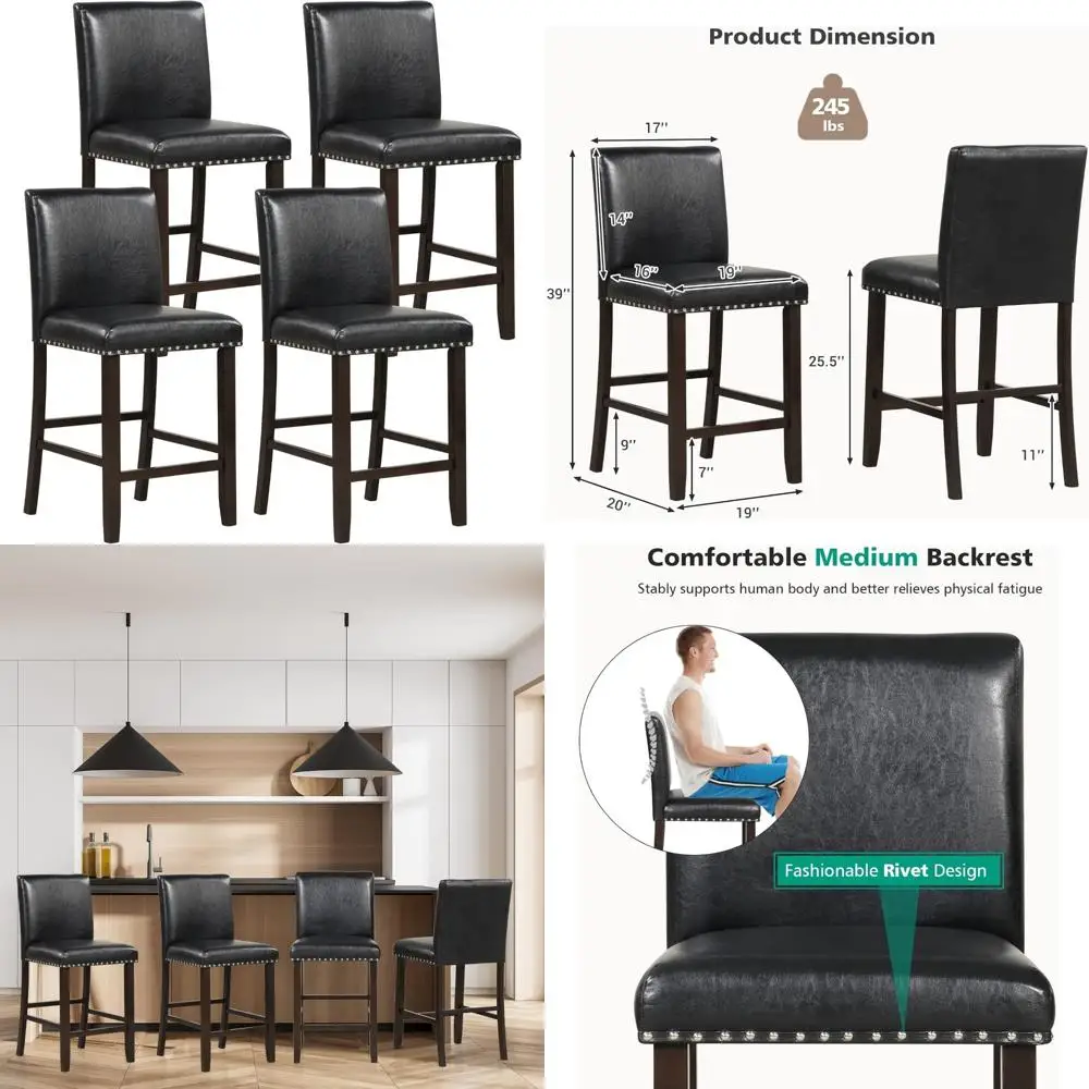 مجموعة من 4 مقاعد بار بارتفاع من الجلد PVC مقاس 25.5 من COSTWAY لجزيرة المطبخ وتناول الطعام