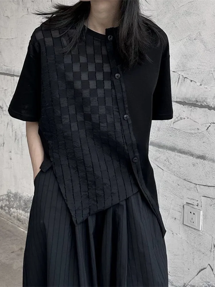 

Летняя футболка с эффектом похудения, свободного кроя, тонкая, с коротким рукавом, темно-горный принт, асимметричный круглый вырез, большого размера